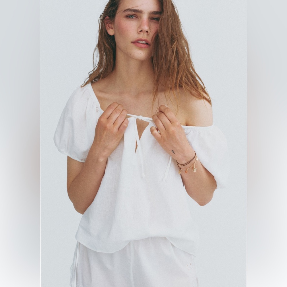 NWT H&M Puff-Sleeved Linen-Blend Blouse in White